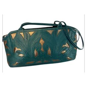 Leaders In Leather Hand Tooled Cutout Leather Teal & Brown Shoulder Handbag